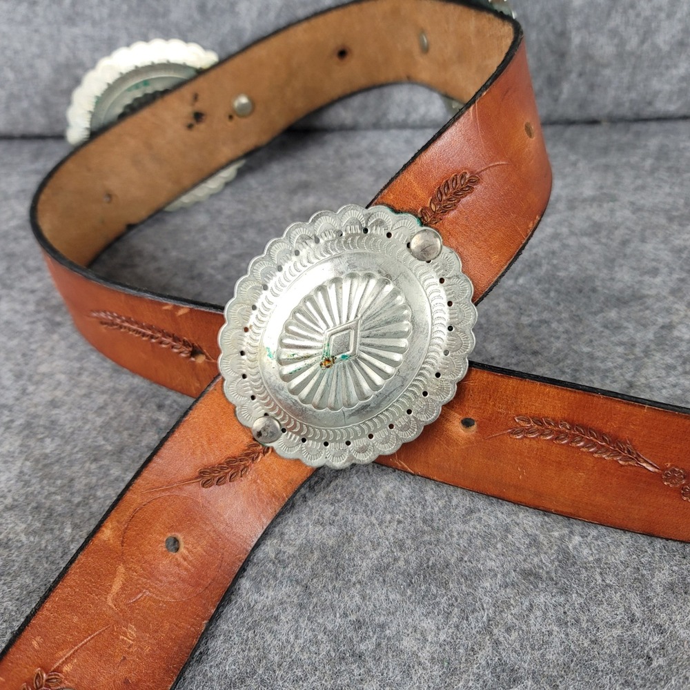 Vintage Western Leather Concho Belt Tan Tooled Floral Southwest Silver Tone 35in - Picture 3 of 10